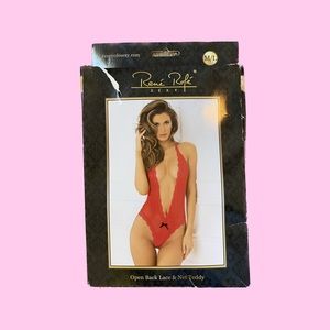 Open back lace & net teddy in red M/L